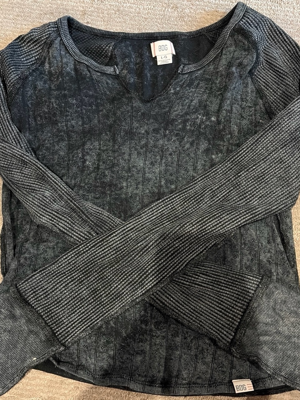 BDG Women's Washed Black Ribbed Long-Sleeve